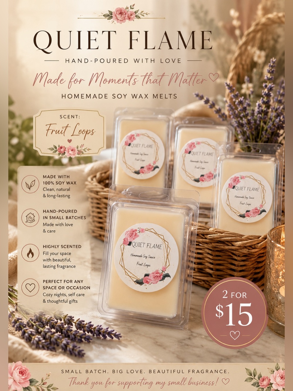 Quiet Flame 🔥 Coco-Soy Wax Melts 2-4-$15 🌴🧜🏼‍♀️
